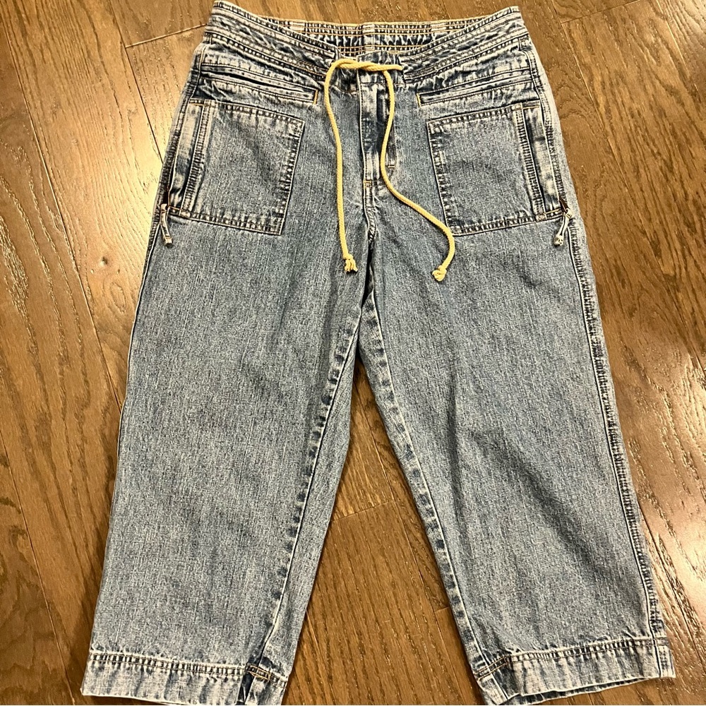Women's Vintage Wrangler Wide Leg Cargo Capri Pants Drawstring 100% Cotton Rails